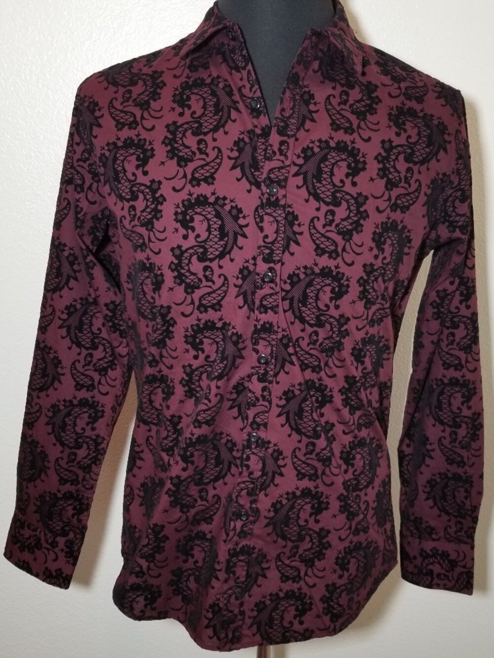 Beverly Hills Polo Club Men S Burgundy Long Sleeve Velvet Paisley Button Up NWOT
